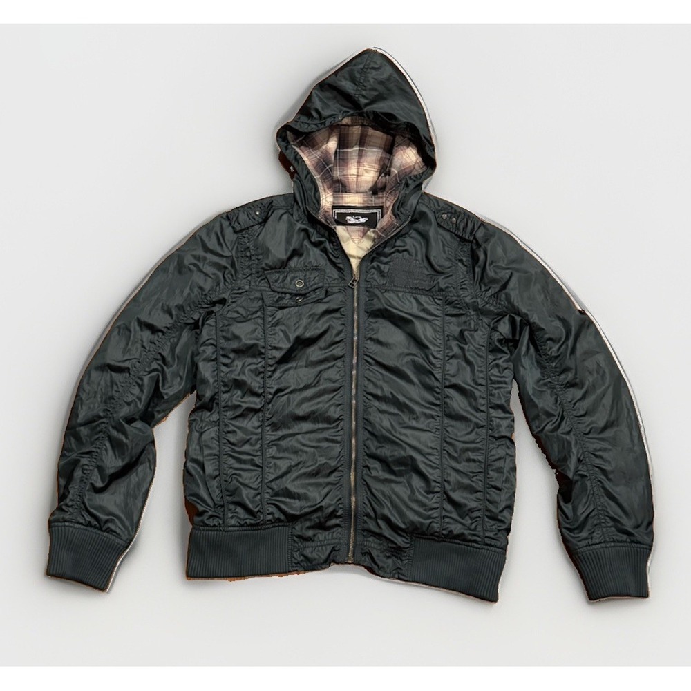 Vintage Tough Jeansmith Military Style Jacket Hoodie Green Satin Plaid Lining